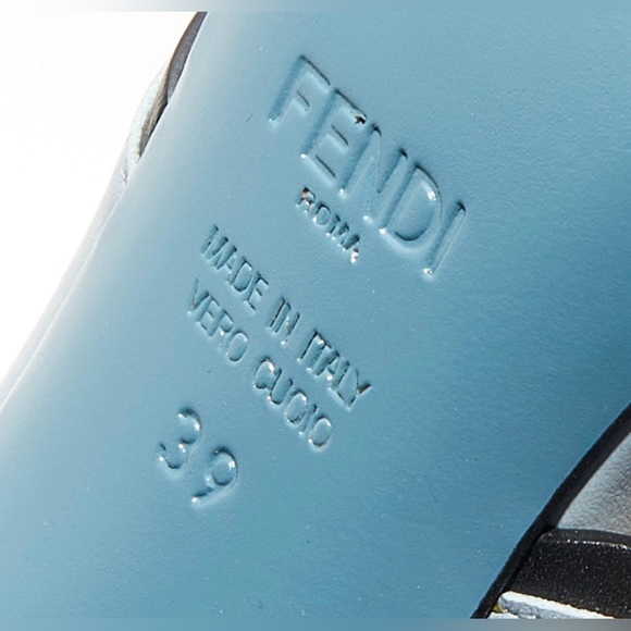 SOLD - FENDI- Light Blue/Black ALL Leather Flowerland Slide Sandals Size 39 - Picture 8 of 9
